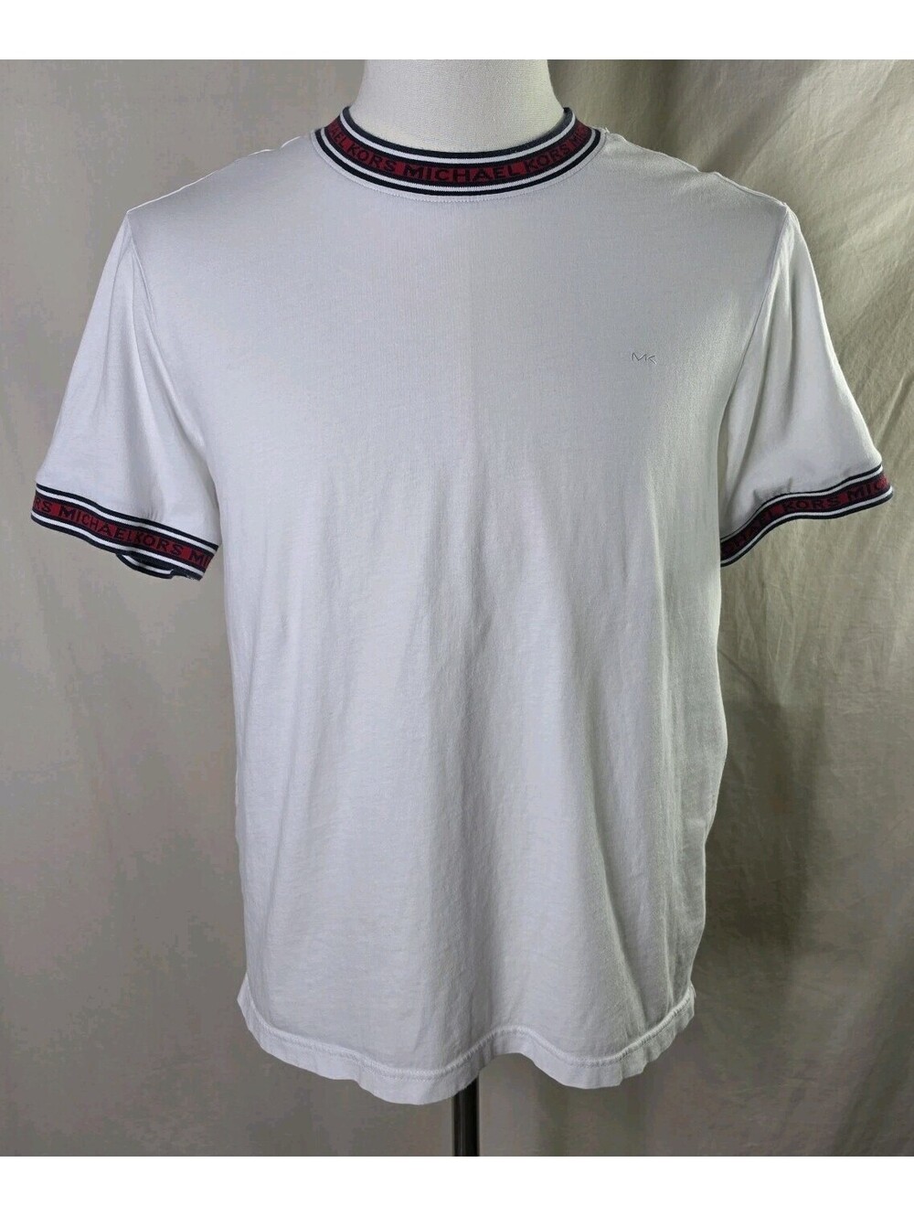 Michael Kors Logo Tri Tee L White Striped Collar MK Embroidery